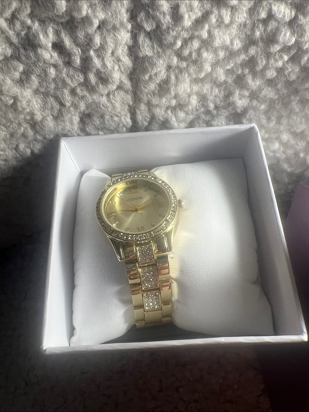 Geneva Golden Tone Round Glittery Diamond Watch